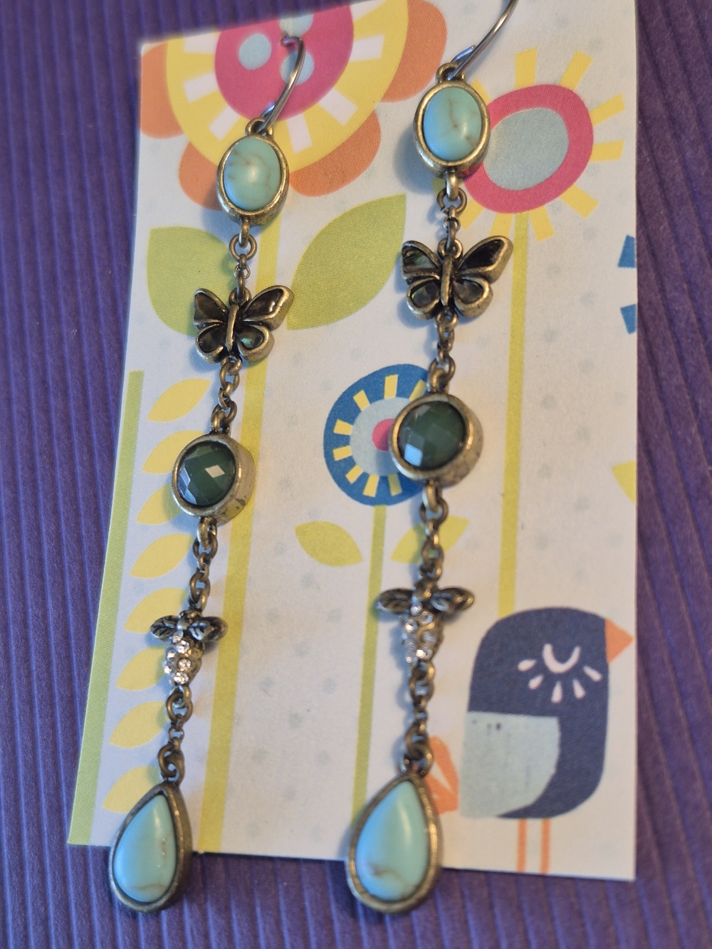 Fossil Turquoise Butterfly Bee Dangle Earrings - Picture 3 of 6